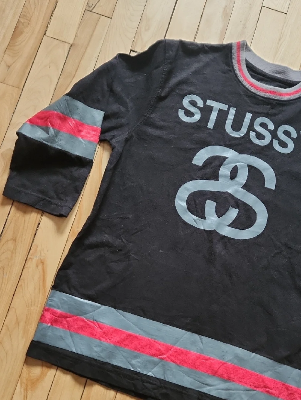 Stussy Black Tee with Gray Logo and Red Stripe Accents - Picture 3 of 16
